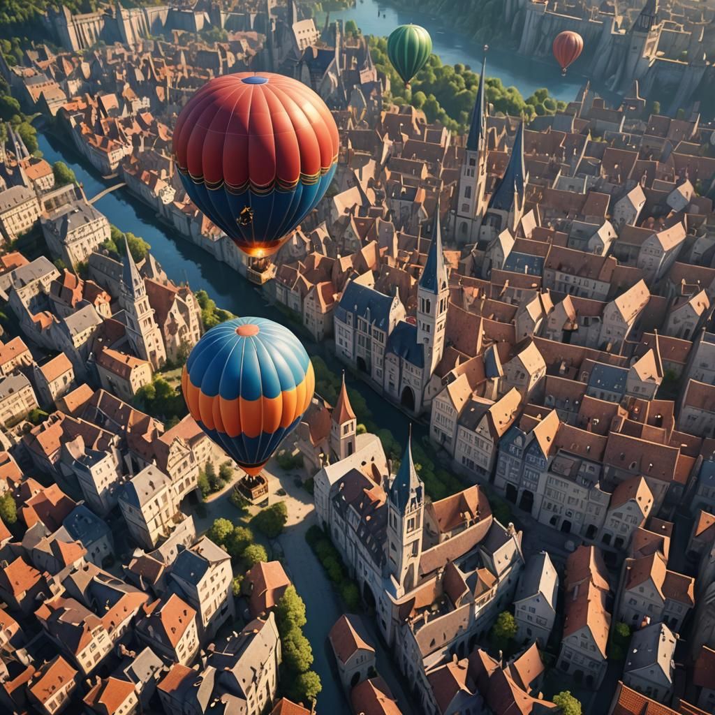 A huge hot air balloon floats in the sky above a fairytale c...