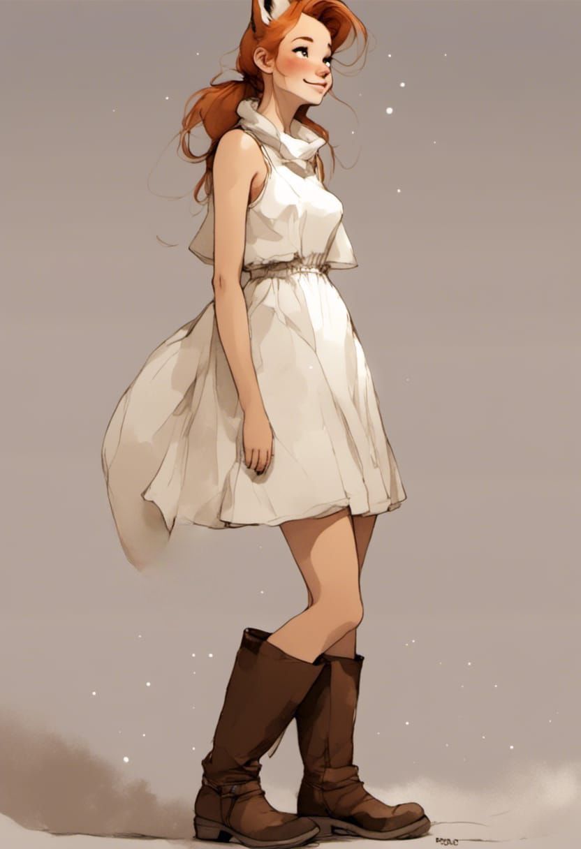 Side profile, Smiling Adorable Fox-girl VIXEN wearing a Cute bell hem dress, tan boots. Posing for pictures.