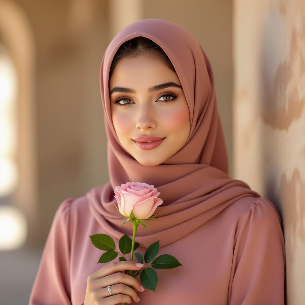 Young Woman in Hijab and Pink Dress Holding Rose