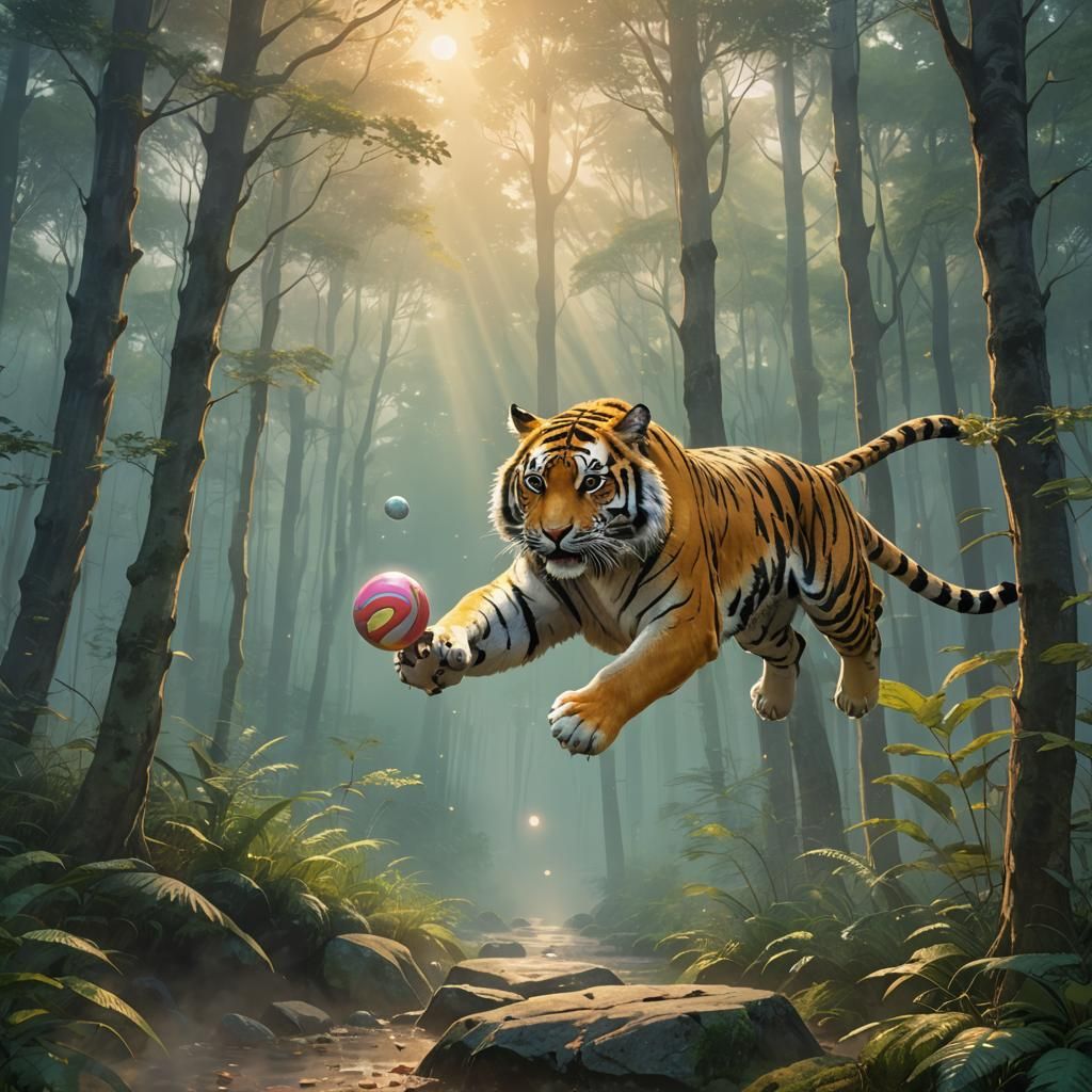 Anime Tiger Leaps in Misty Forest: 3D Digital Art