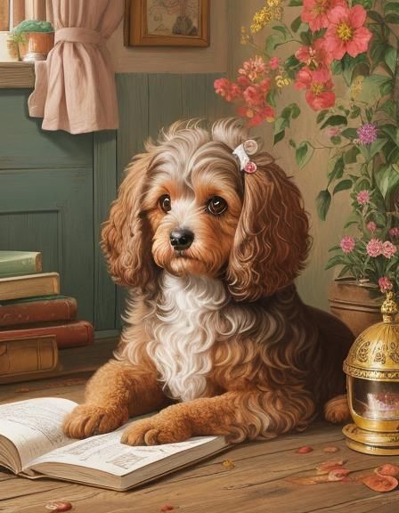 A highly detailed photo illustration of an Cockapoo with messy hair in ...