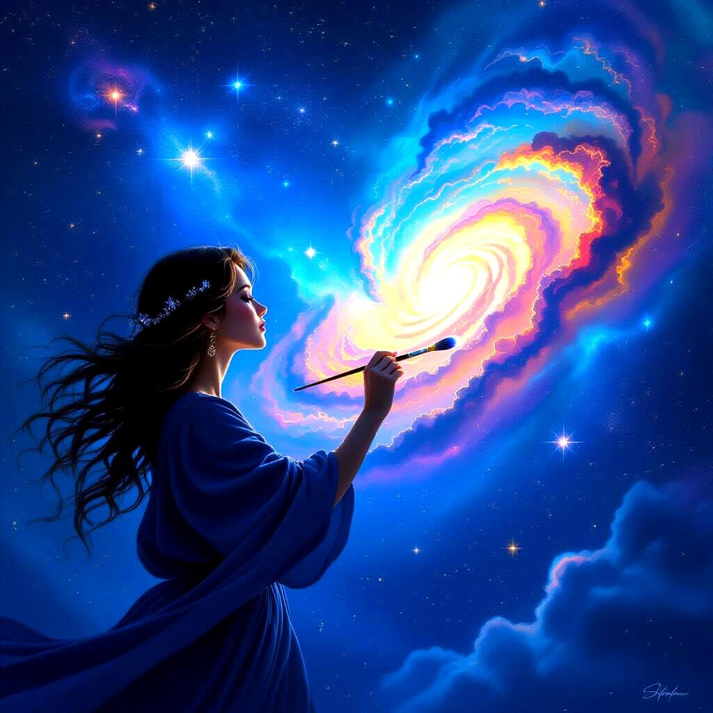 A celestial artist with a brush made of starlight paints a masterpiece across the night sky, creating swirling galaxies and vibrant nebulae....