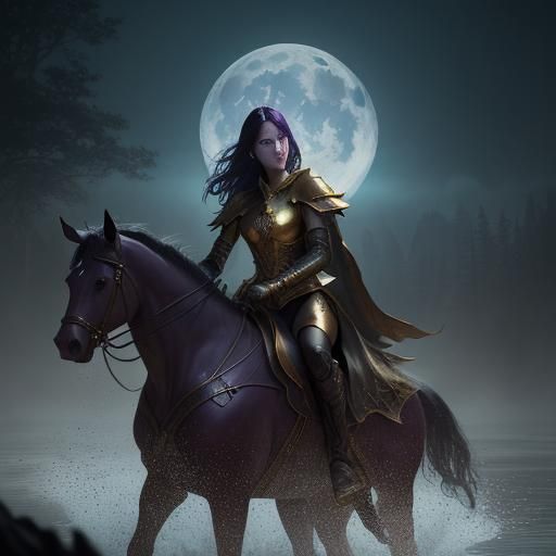 Headless horseman, riding on golden mystical lake, big moon ...