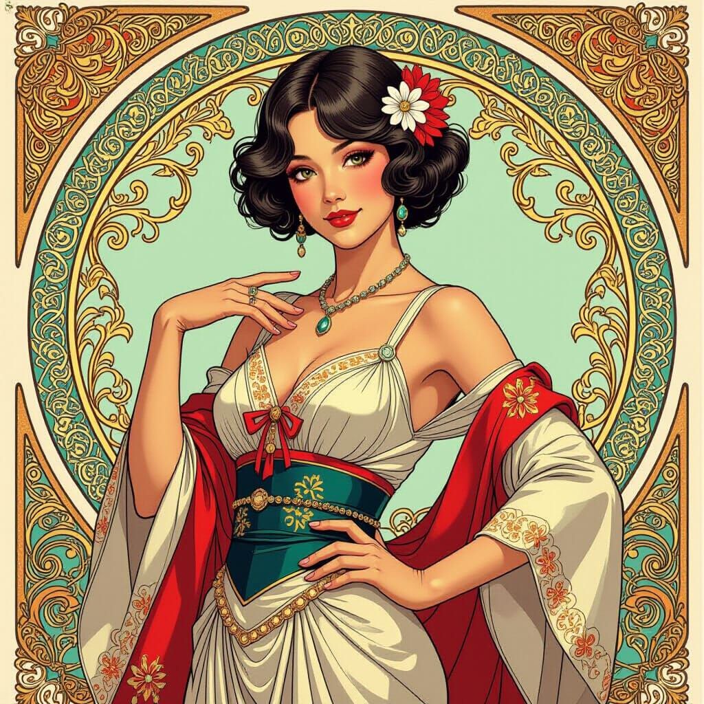 Elegant Portrait in Art Nouveau Style with Vibrant Colors