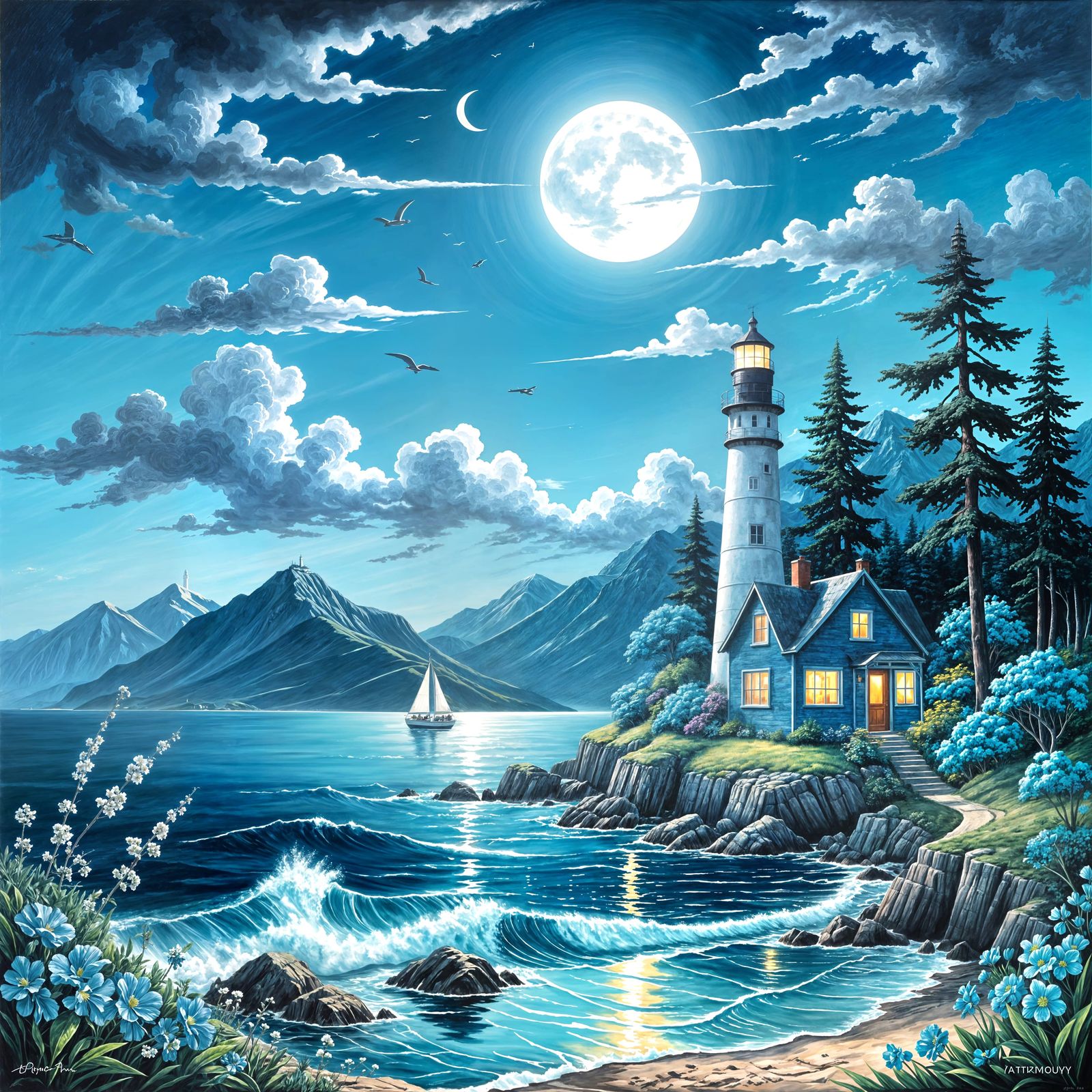 Blue Symphony:The Tranquil Ode of the Moonlit Lighthouse  by @Richcruise Liu