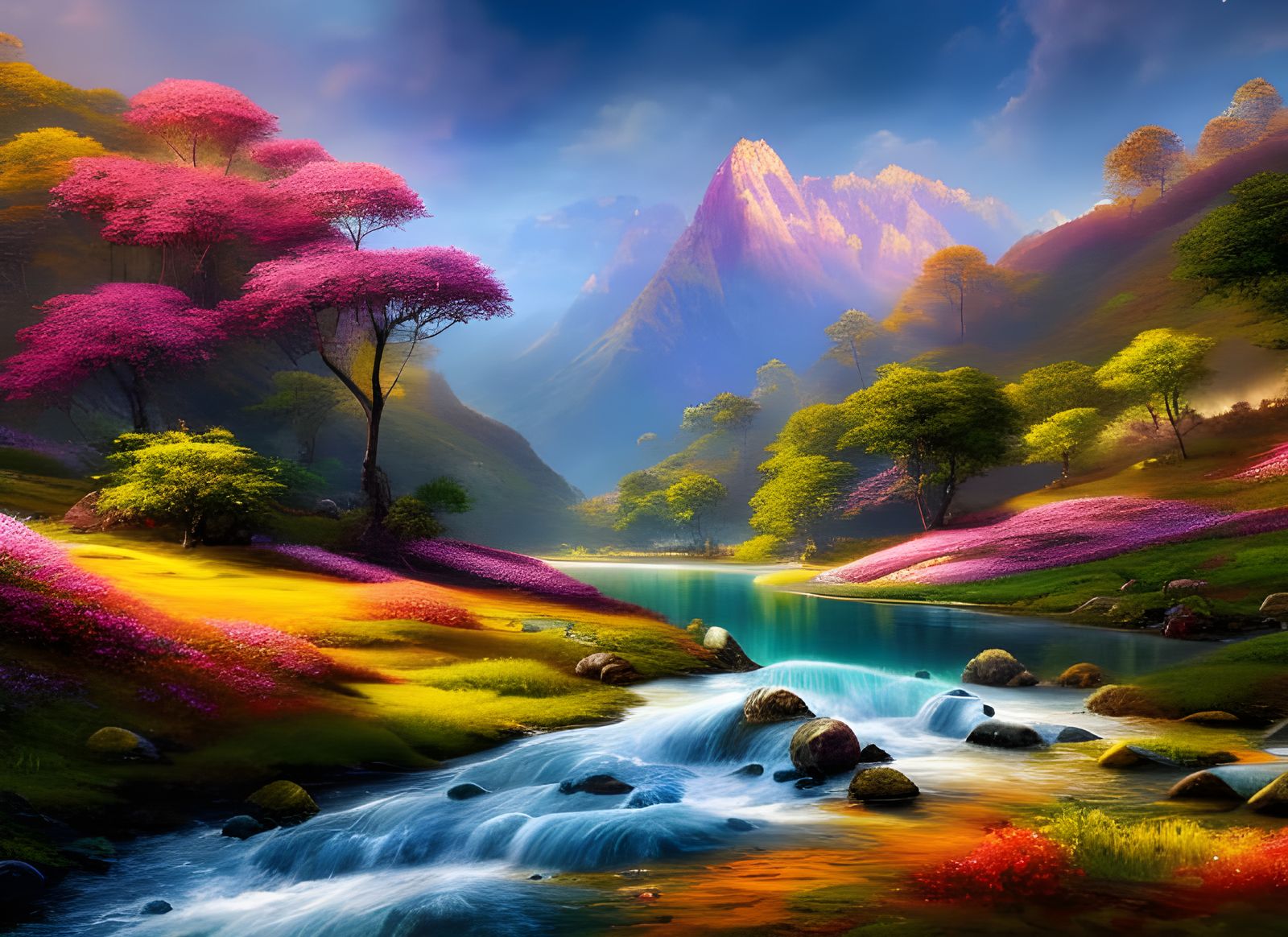 Valley of Flowers National Park, India landscape, HD, watercolor painting, masterpiece, 8k, dark fantasy ...  by @Amarie