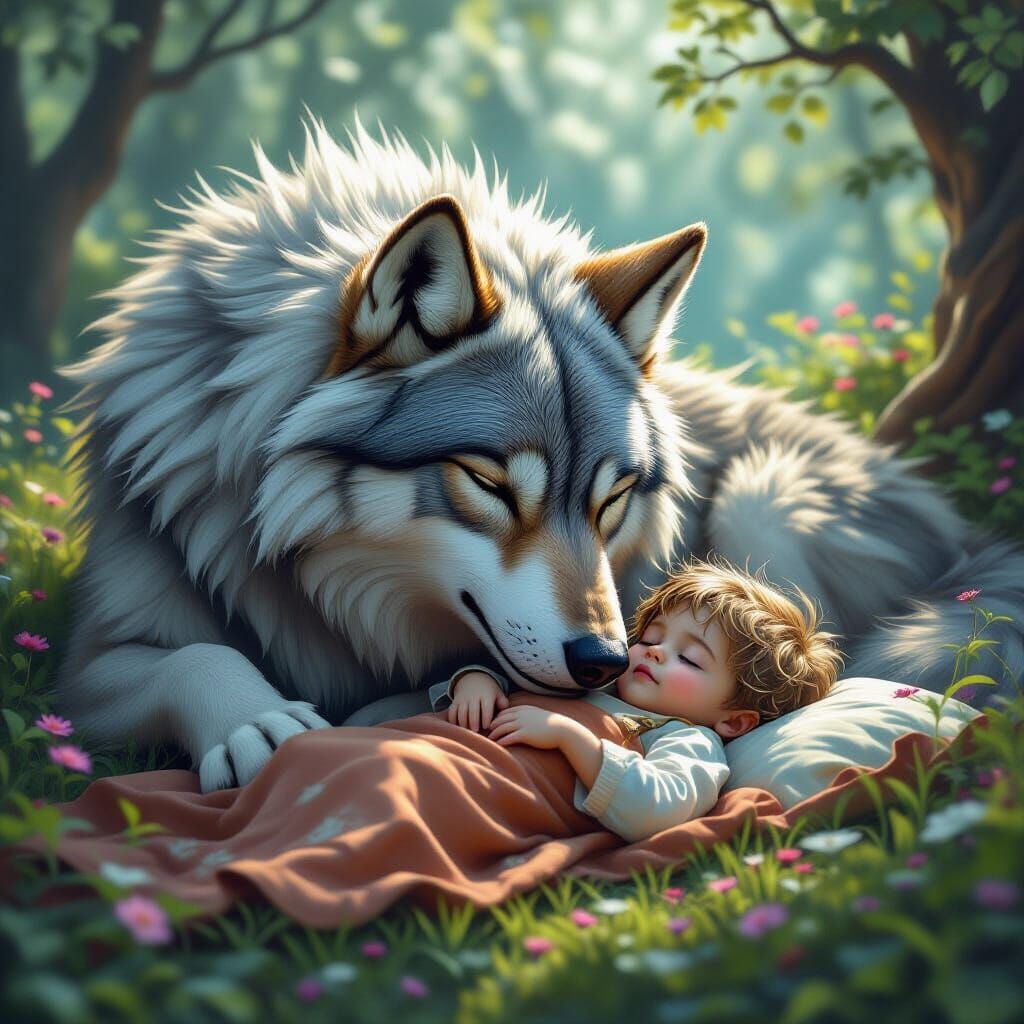 Whimsical Wolf Guardian Protecting Sleeping Toddler