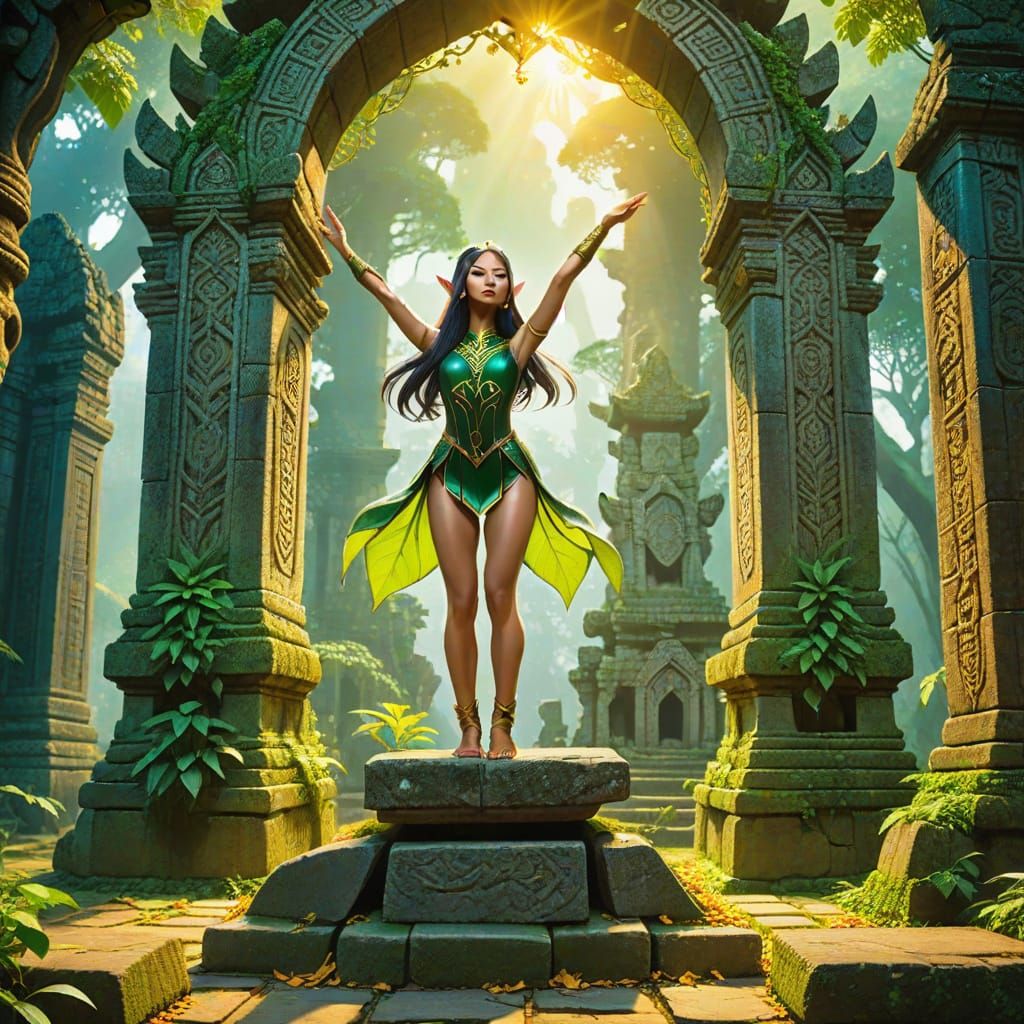 Vietnamese Elf doing a handstand on the altar in an ancient temple.