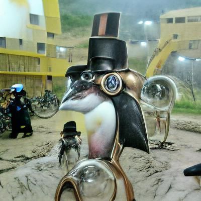A penguin wearing a monocle and a top hat hyperrealism steam...