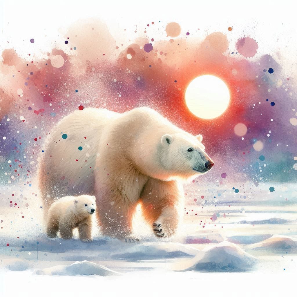 Polar Bear And Her Cub with the Sun