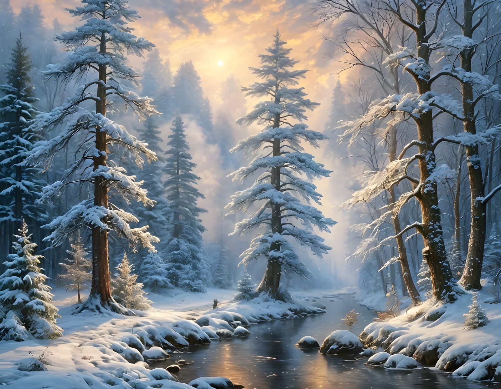 Christmas Beautiful Postcard: Winter Snow Forest, Inspired by Thomas Kinkade Style  by @Jane77755
