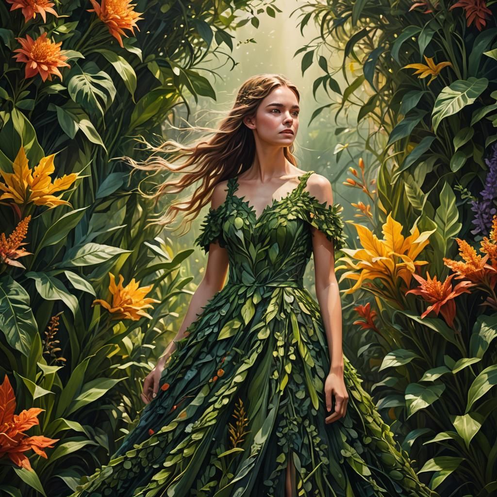 Teen Girl in Plant Dress: Hyperrealistic Splash Art