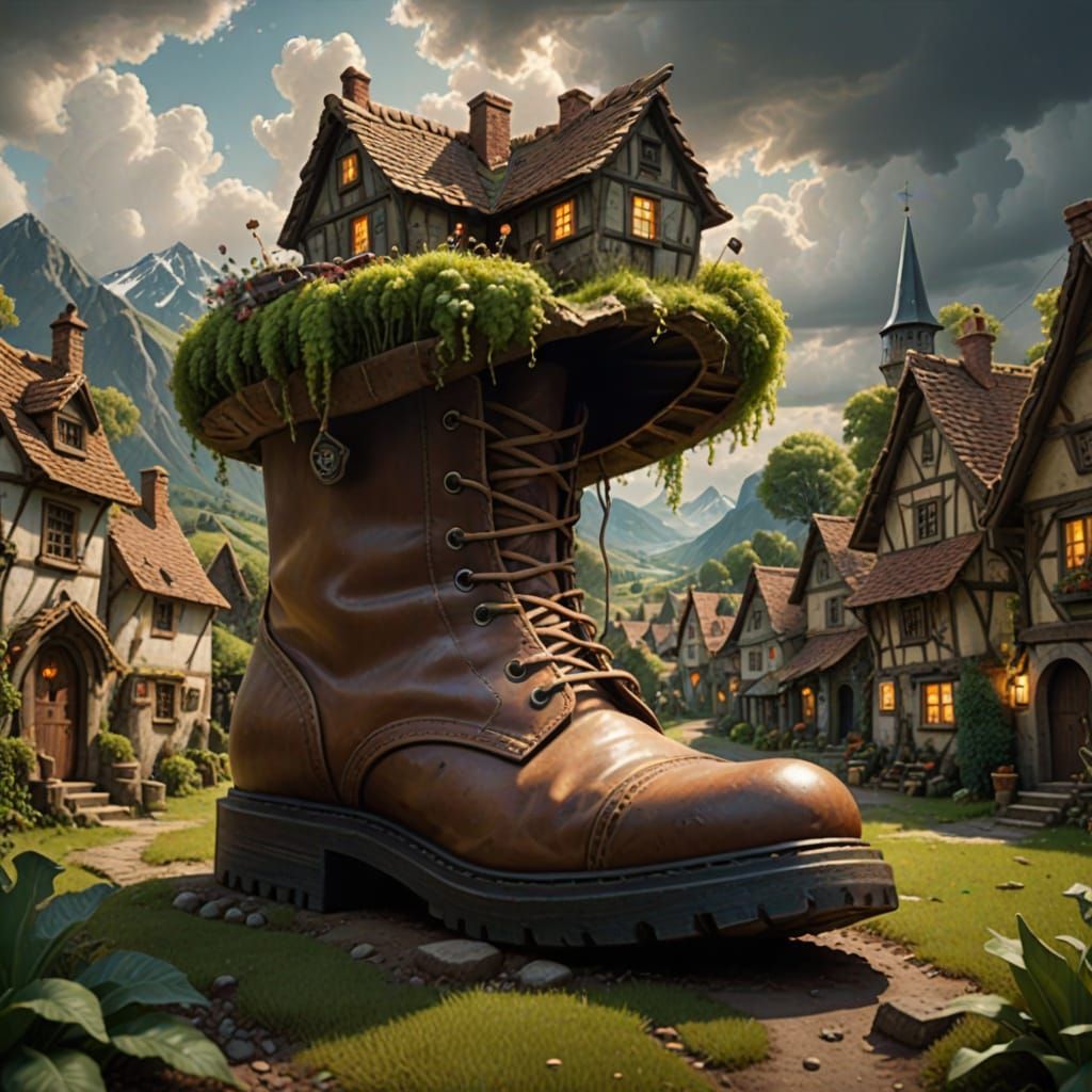 A mesmerizing realistic colossal boot,a tiny village is inside the boot, surreal realism, cinematic lighting 