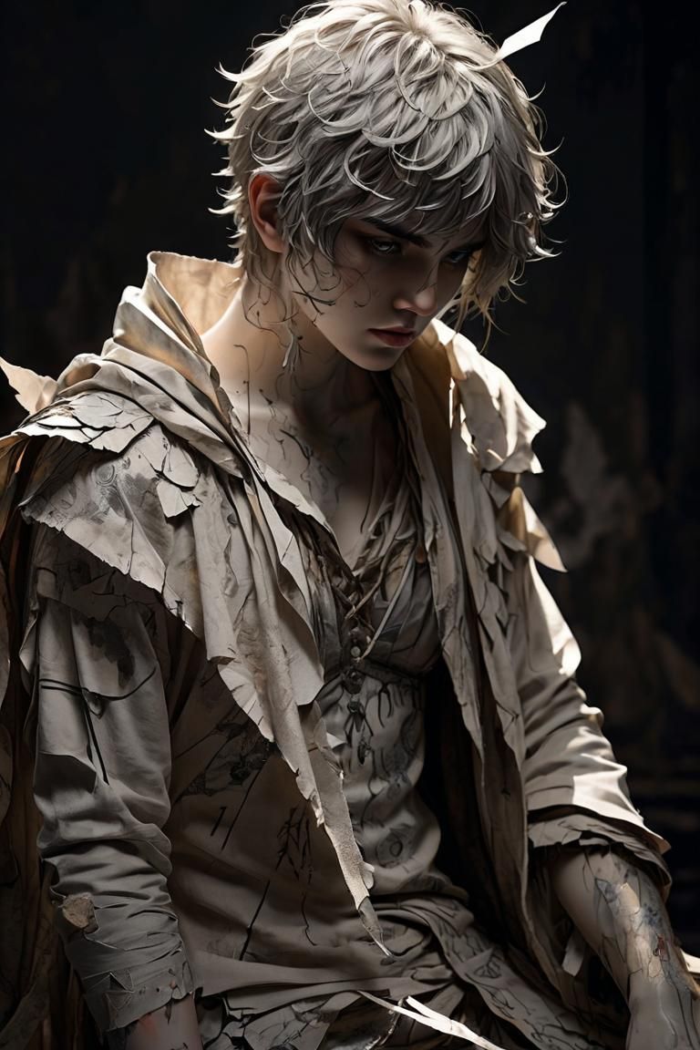 Daemon of Inspiration, in tattered, paint-splattered clothing crafted from ripped paper and fabric fragments, posing ami...