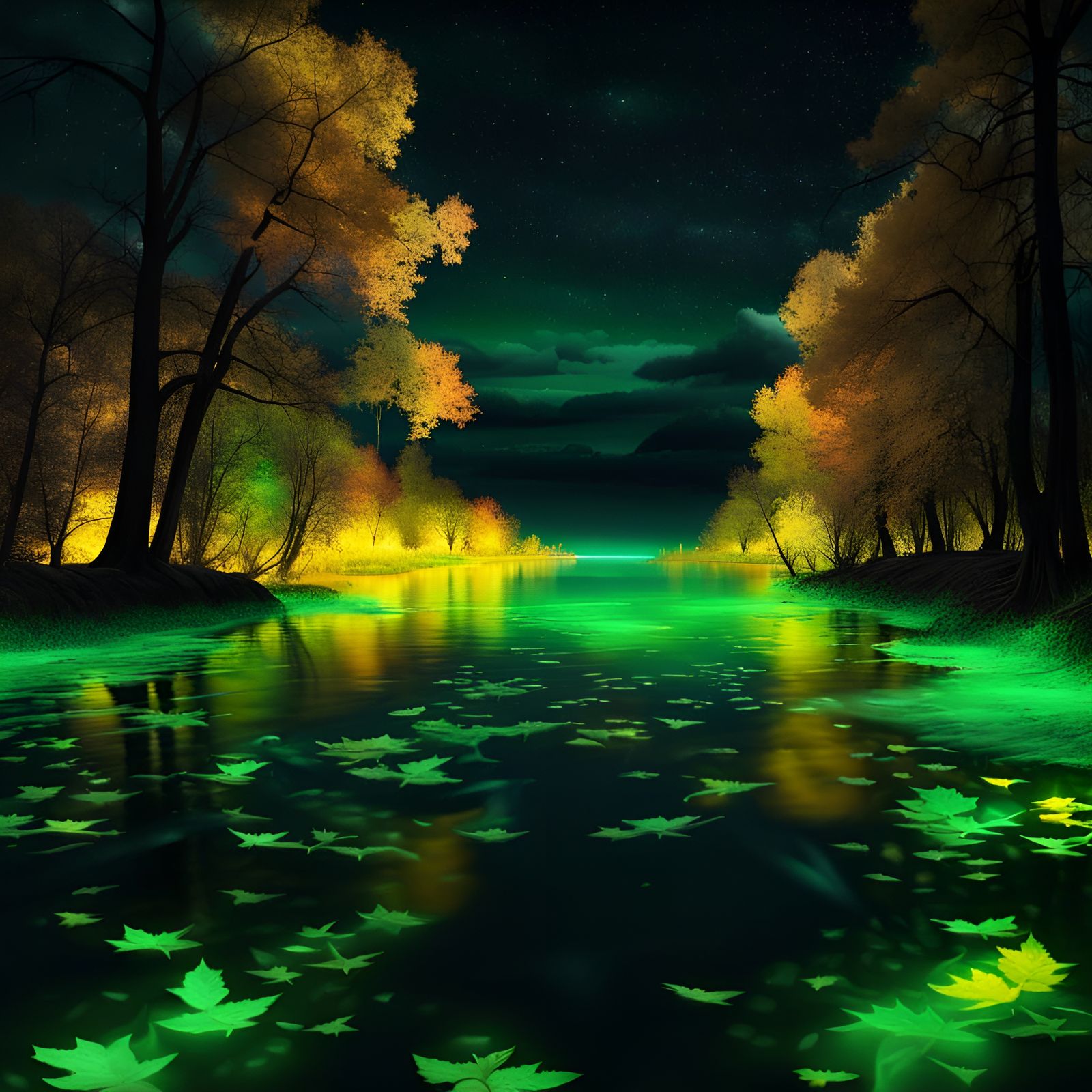 green glowing river in colorful trees forest