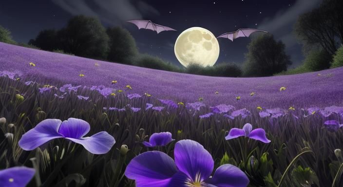 Bumble bat flying above night violets field under full moon.
