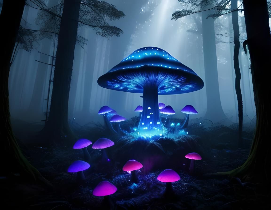 Bioluminescent mushrooms in a dark forest