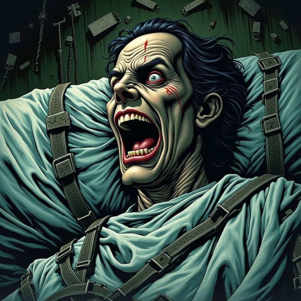 A highly detailed picture of a mentally insane person restrained in a mental hospital with a crazy look.  Goosebumps style. <lora:Creepshow:...