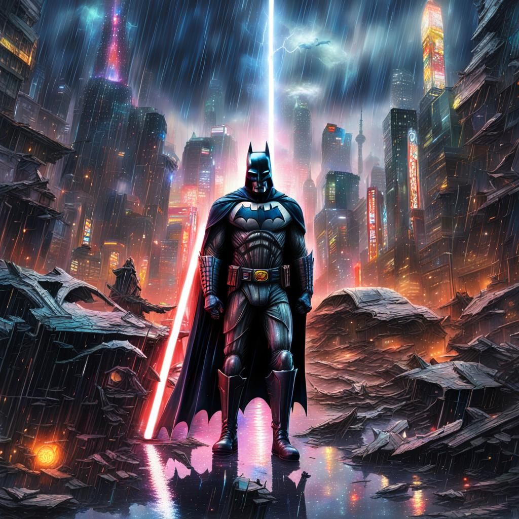 Batman full body in a destroyed Tokyo with lightning sky and...