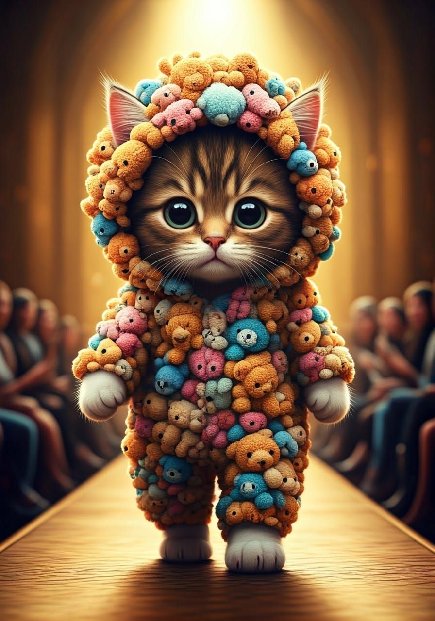 A runway scene featuring a fully anthropomorphized baby cat, dressed in an extravagant outfit covered with hundreds of plush stuffed animals...