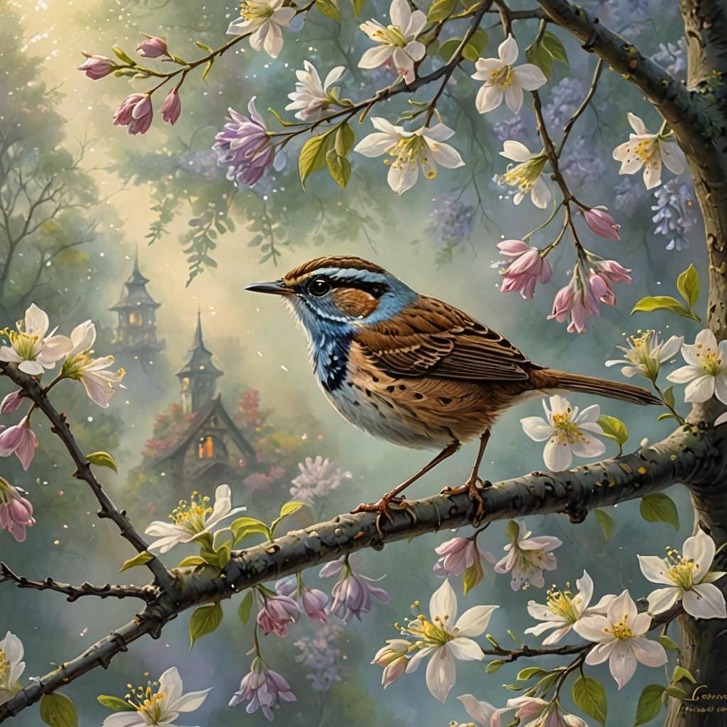 a wren on a flowering tree  by @Ithil