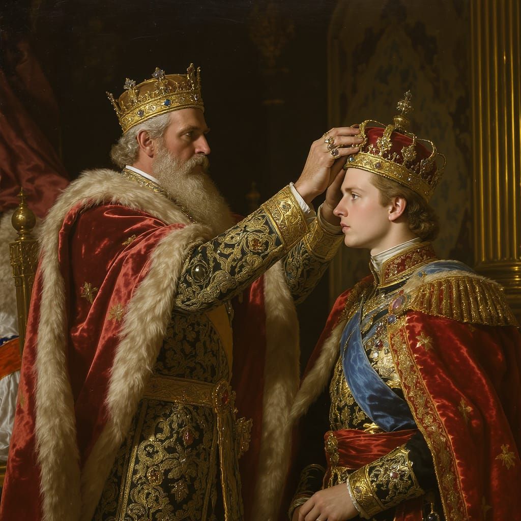 The theme of this is roman or greek times.  a king in his 40s wearing long sleeves with fancy expensive rings coming from the left of the fr...