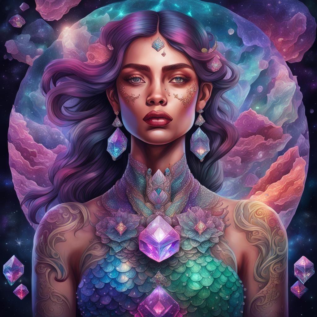 A woman with a large crystal 3D tattoos on her body with sca...