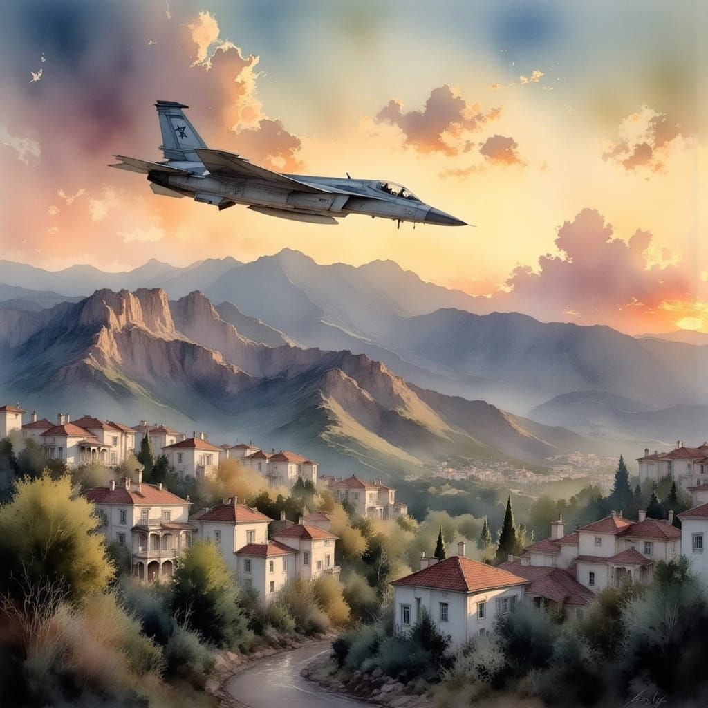 Israeli Air Force Jet Sunset Oil Painting