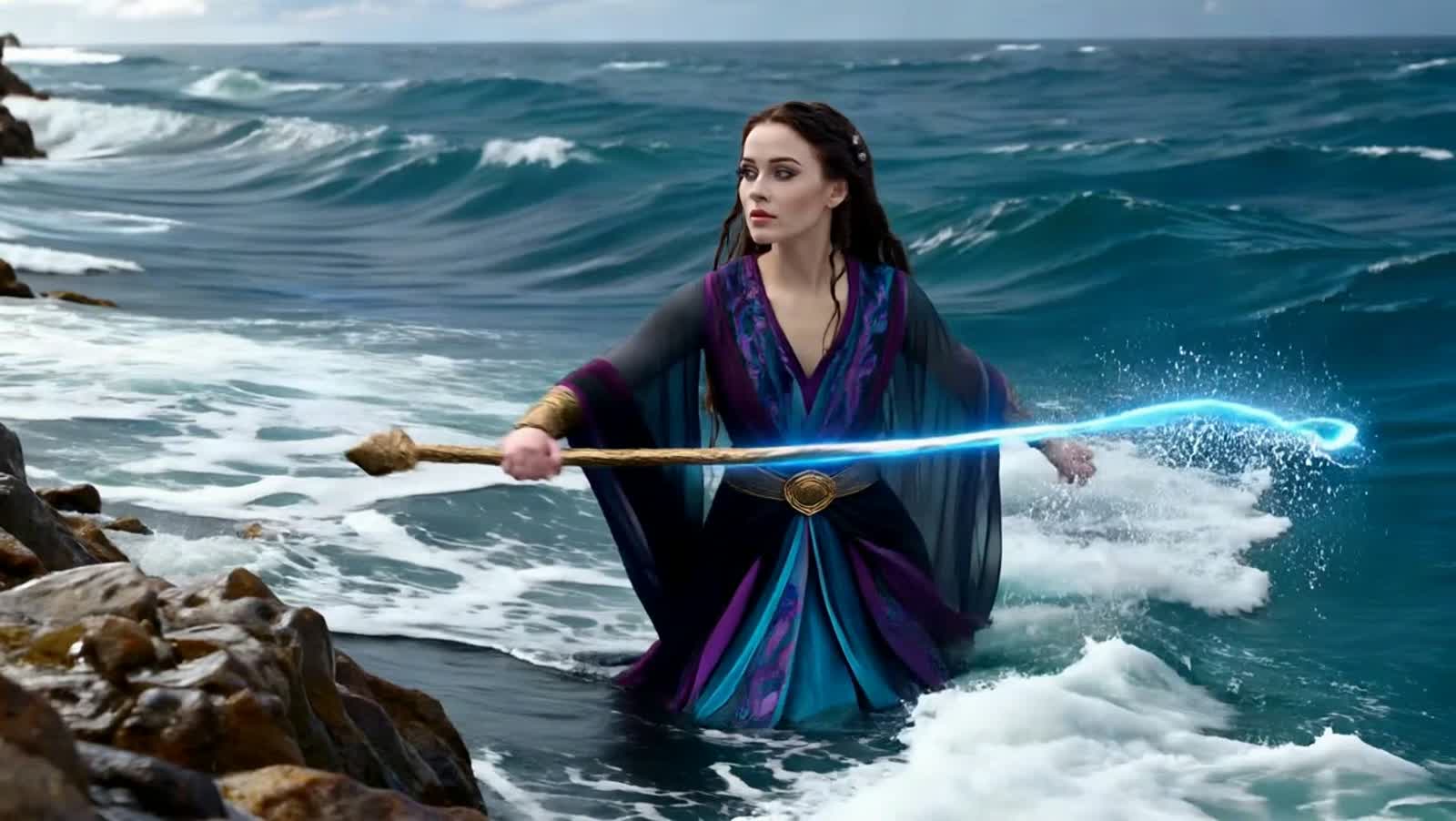 Wetlash, the Sea Witch, with her aquatic demon minions. Pale, beautiful, commanding, mesmerizing, feminine. She holds th...