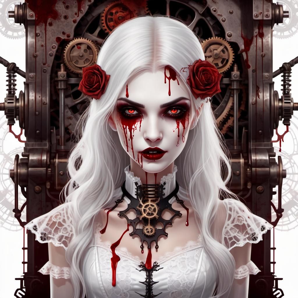 Beautiful Vampire girl in a white lace dress with blood runn...