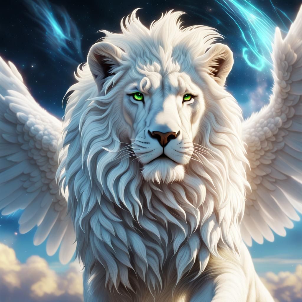 Winged White Lion Soaring in Fantasy Realism