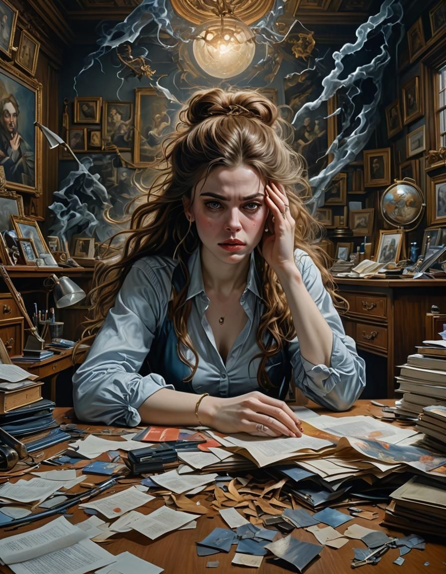 (Masterpiece Monday:1.5) Disheveled Beautiful Girl Is Sitting At The Desk, Is At A Loss, 8k, She Is Very ...  by @Lennis