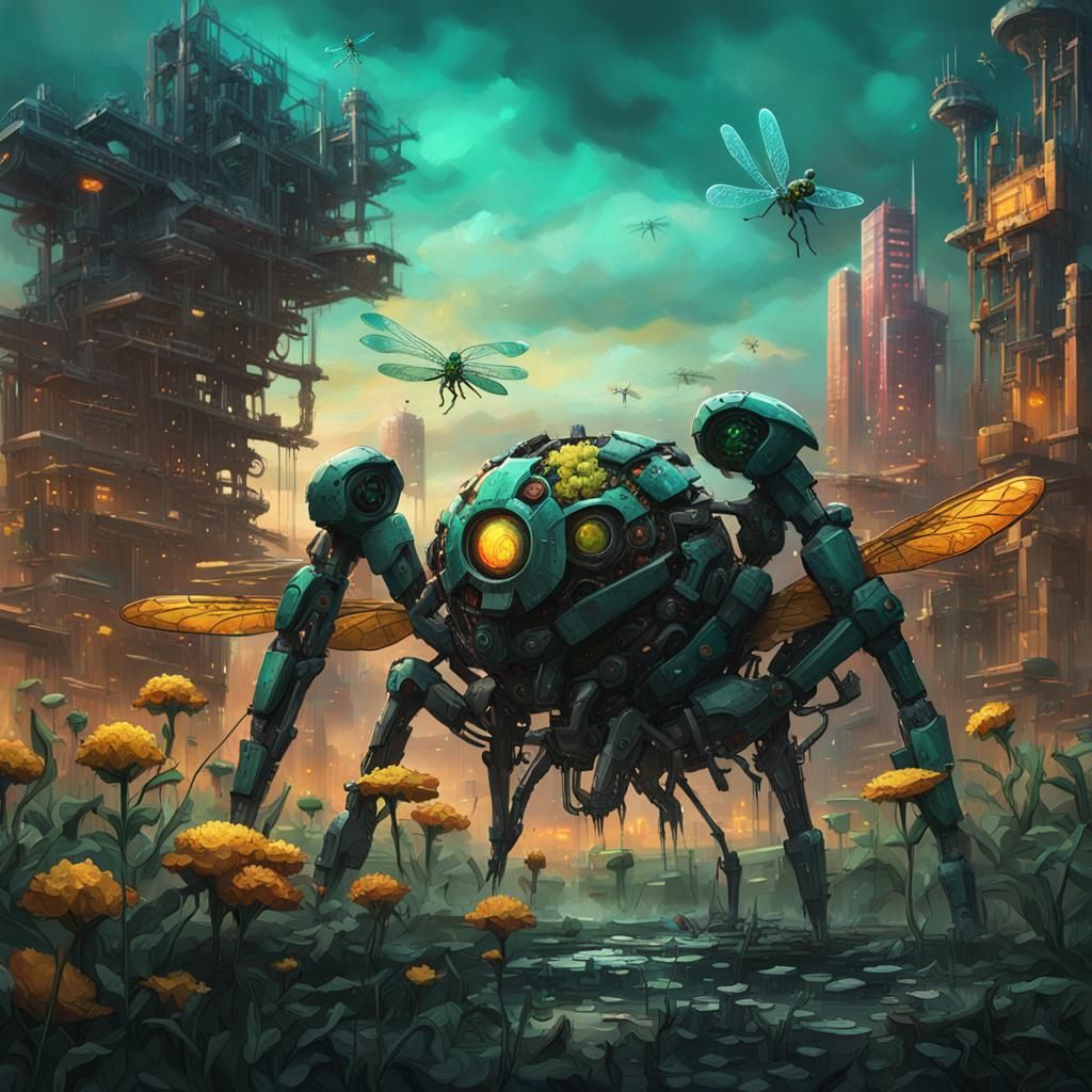Very realistic. Very detailed. Yellow Cybernetical biomechanical flower on the field. Ugly futuristic dirty biomechanical cybernetic industr...
