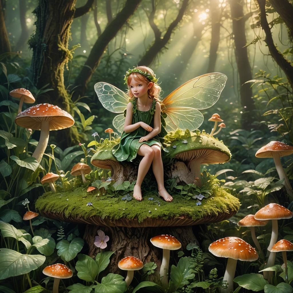 Macro photography of a tiny fairy sitting on a mushroom. Dew...