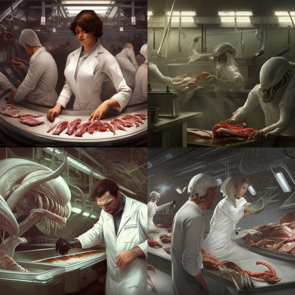 alien abotoir with alines in white suits chopping up meat on...