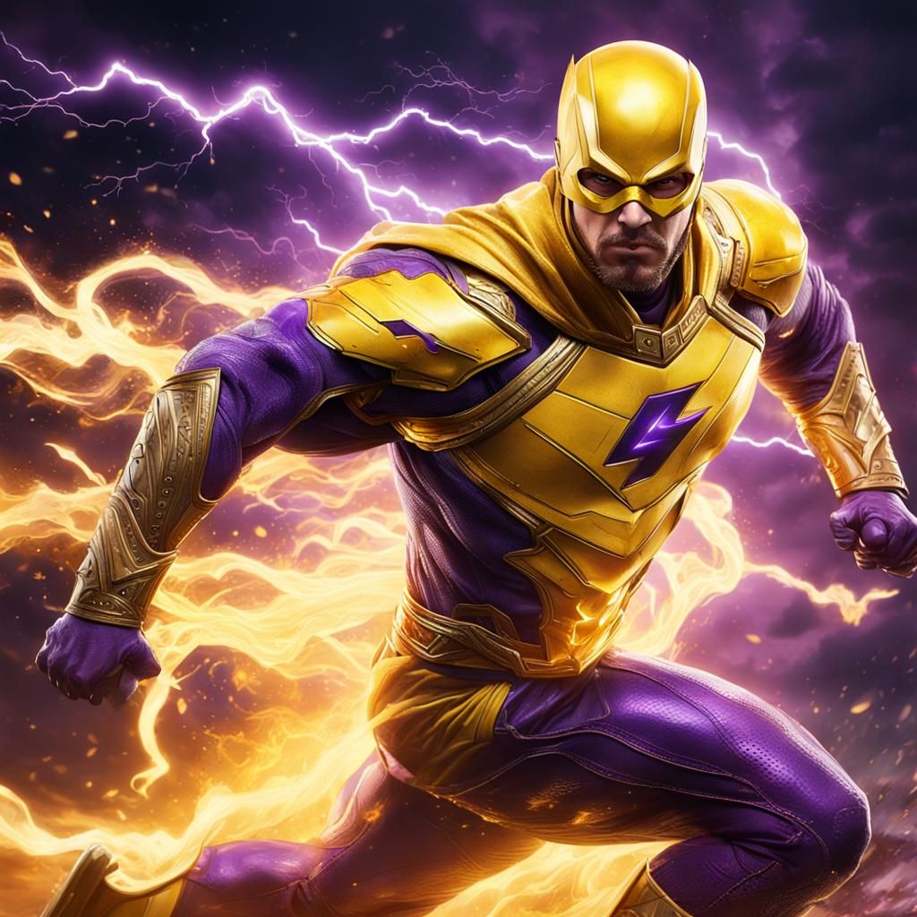 ((A completely yellow superhero suited man running lightning...