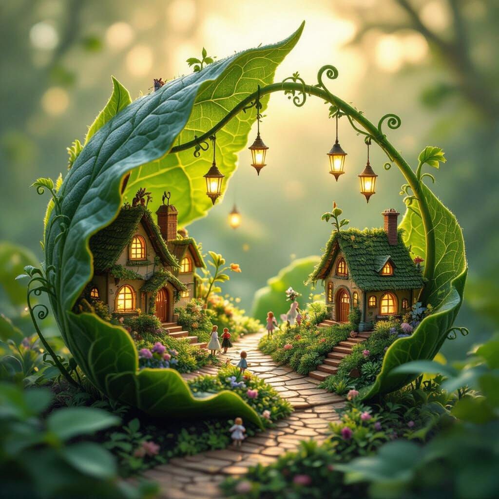 A hidden miniature village built within the intricate veins of a giant green leaf. Tiny glowing lanterns ...  by @LordSamourai