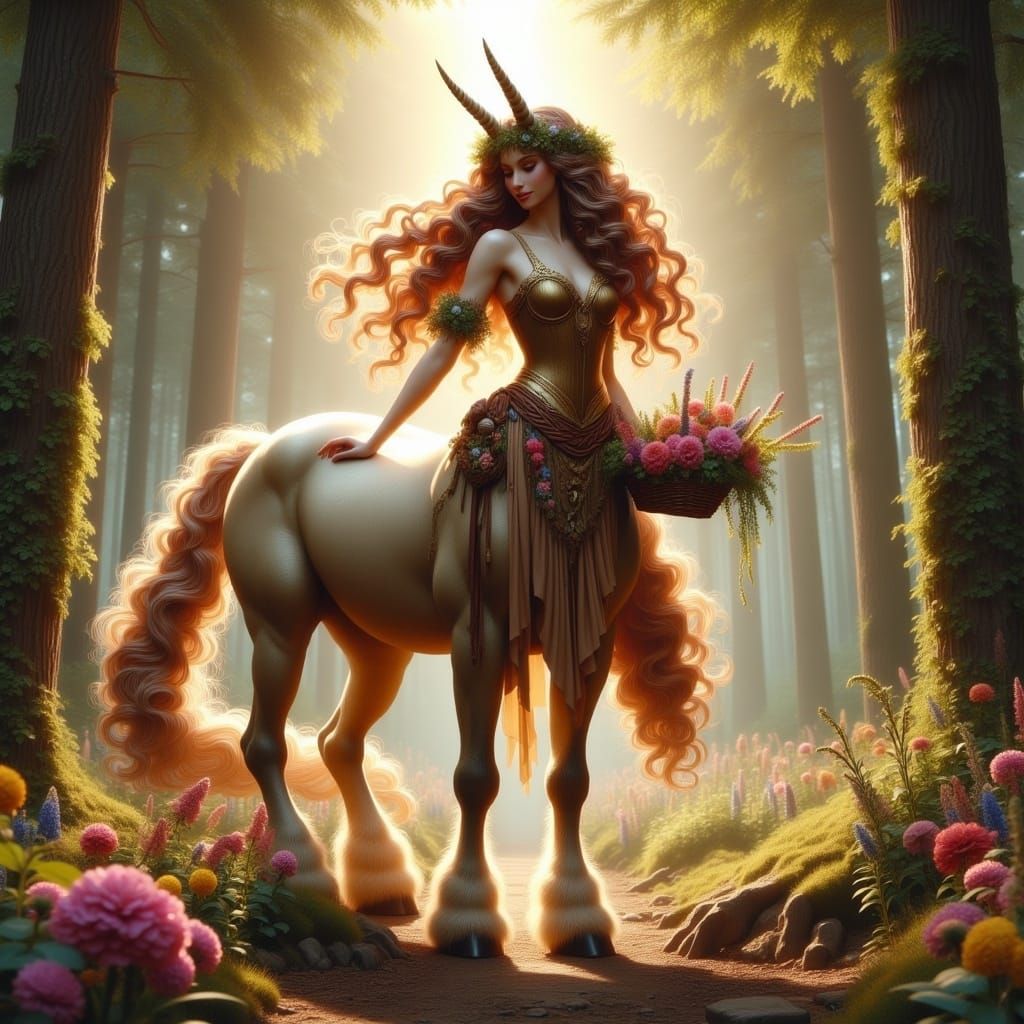 <lora:Flux Centaurs:1.0> Braed hair centaur half-human half-horse