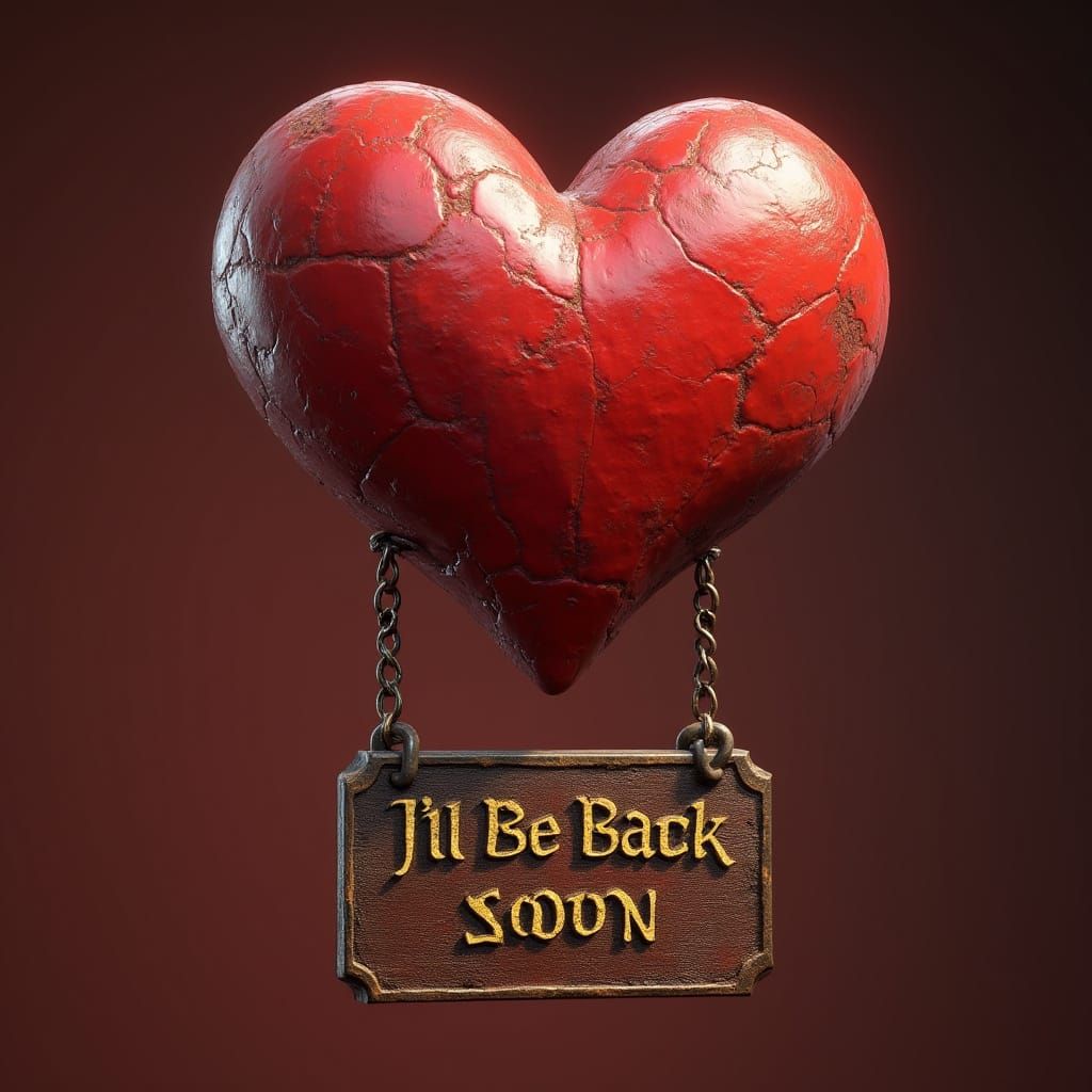 Vibrant Red Heart with "I'll Be Back Soon" Brass Sign