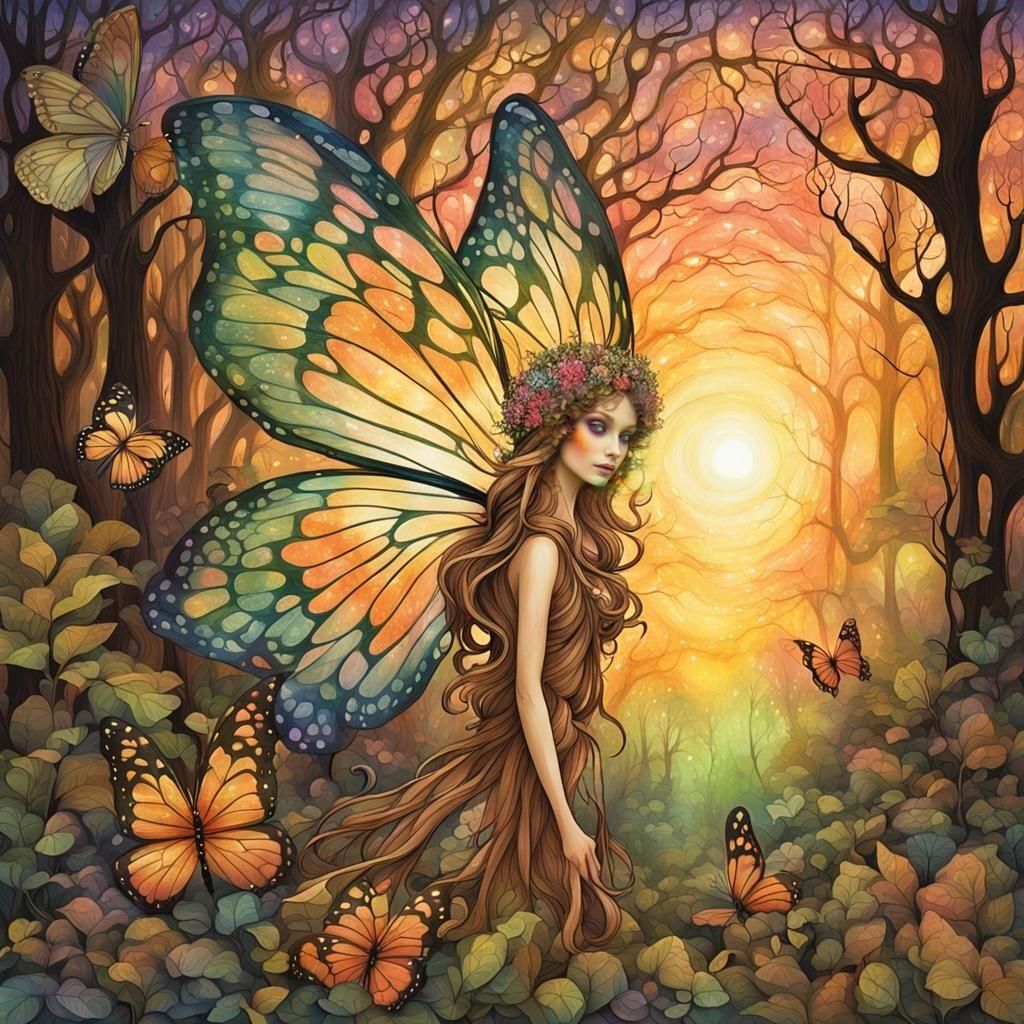 butterfly fairy in a woodland setting that is backlit for a colorful sunset : light earthy color palette ...  by @TC
