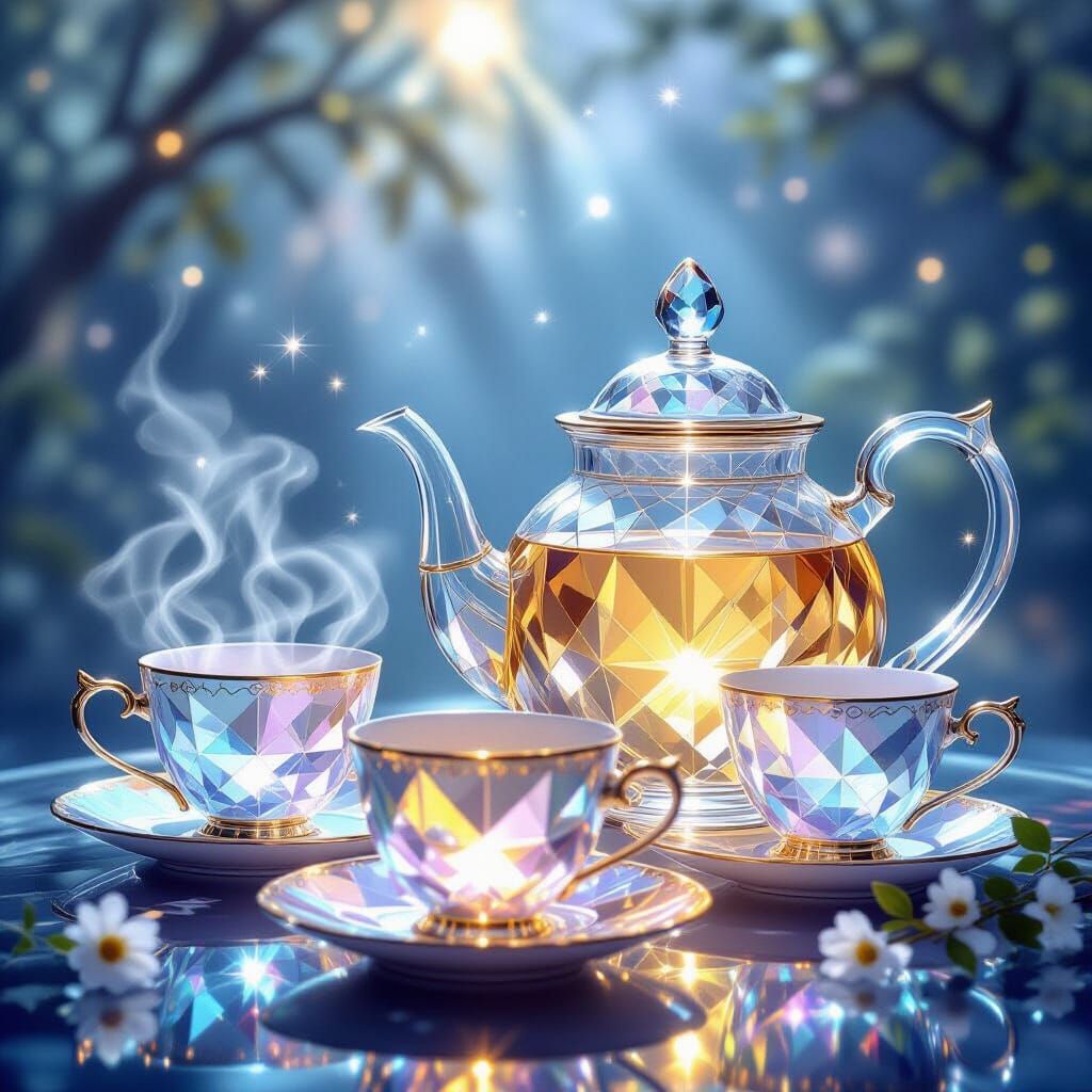 A magical set of teacups and a stunning teapot, made of crystals. They reflect light beautifully, shining ...  by @Athena