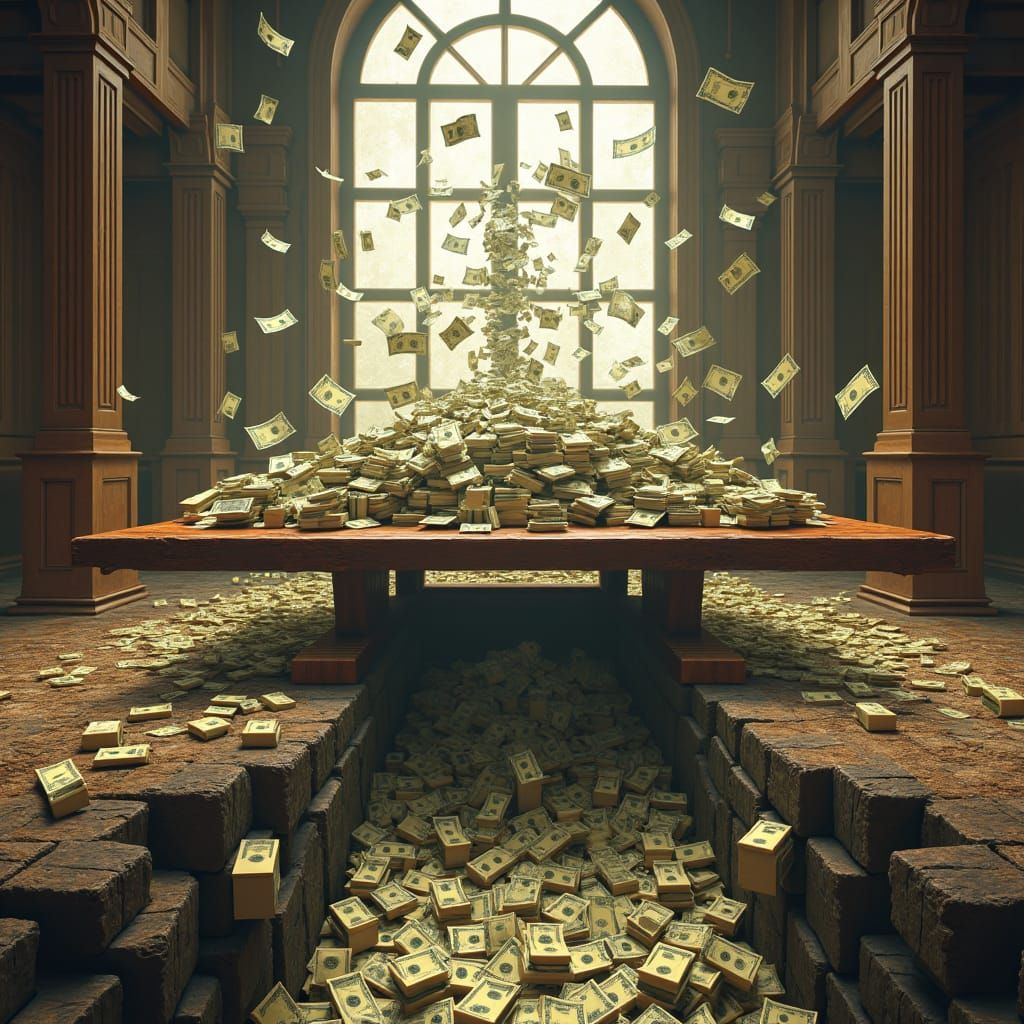 Extravagant Interior Scene with Cascading Dollar Bills