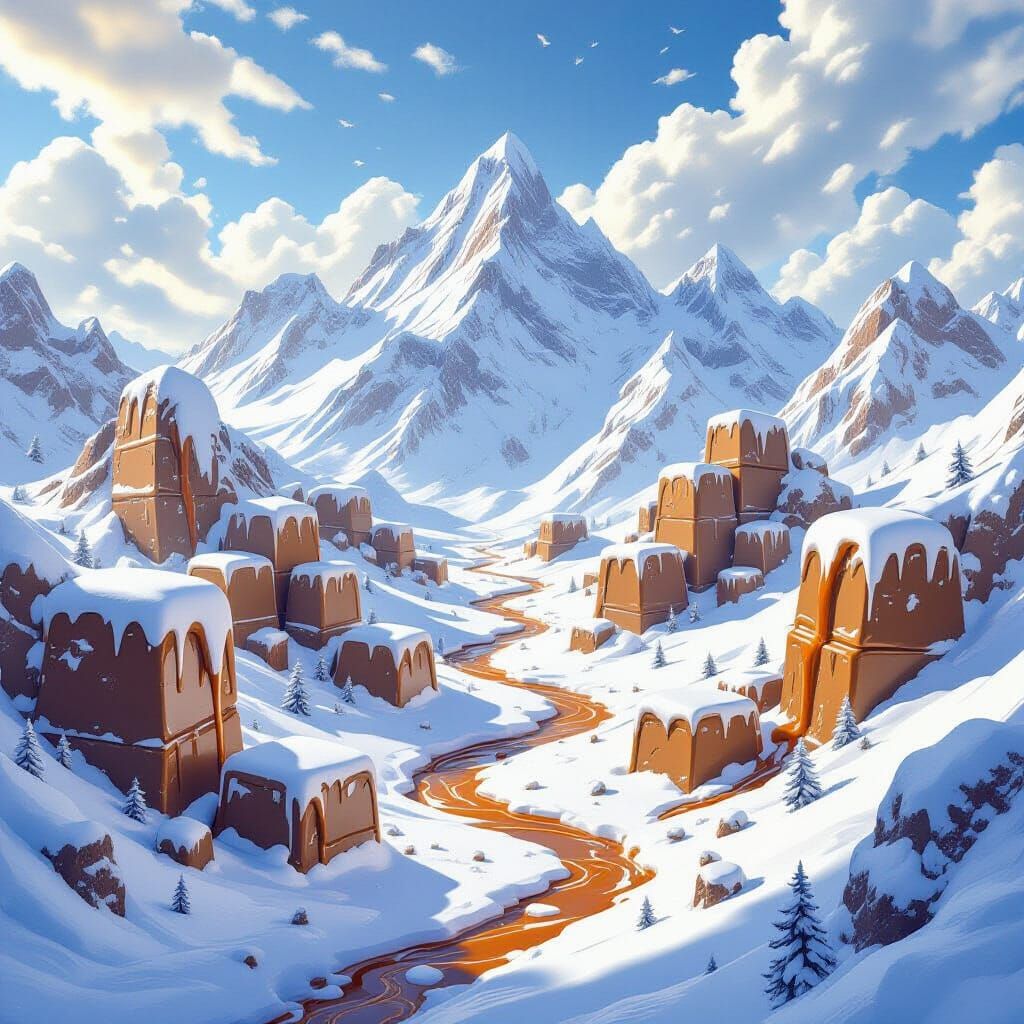 An epic mountain range sculpted entirely from giant blocks of fudge and nougat, with peaks dusted in powdered sugar snow. Rivers of molten c...