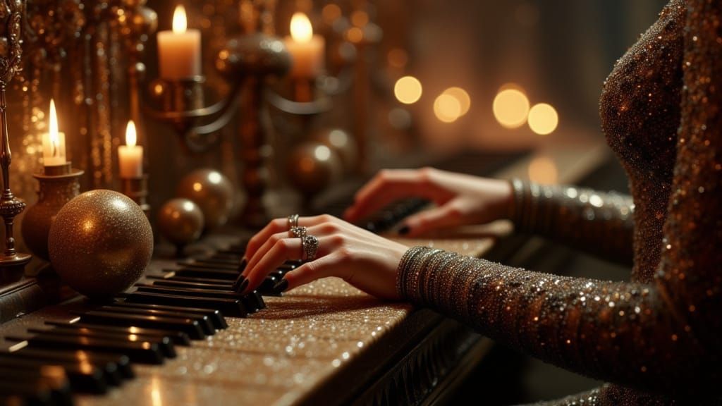 Elegantly Adorned Hands Play Harpsichord in Soft Candlelight