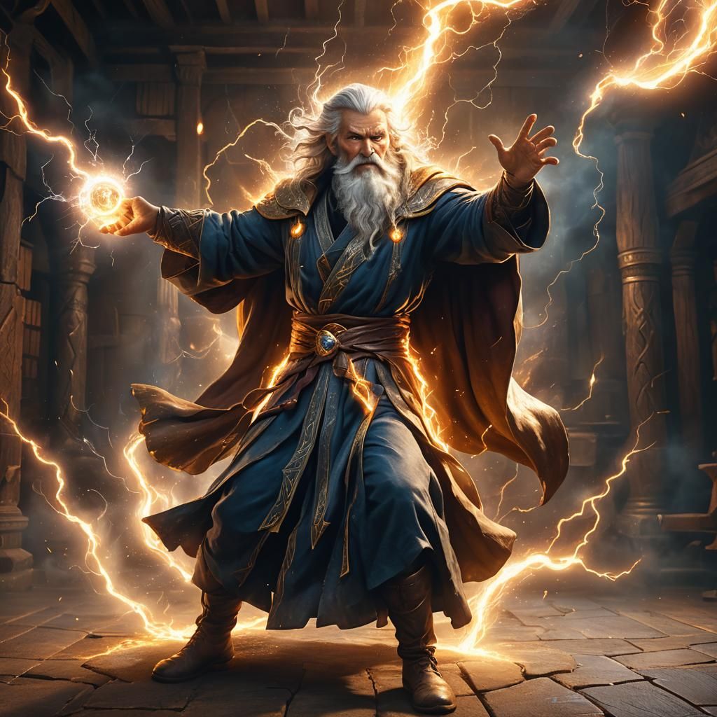 medium range old gray bearded mighty mage casts a ball of lightning  by @Schoor