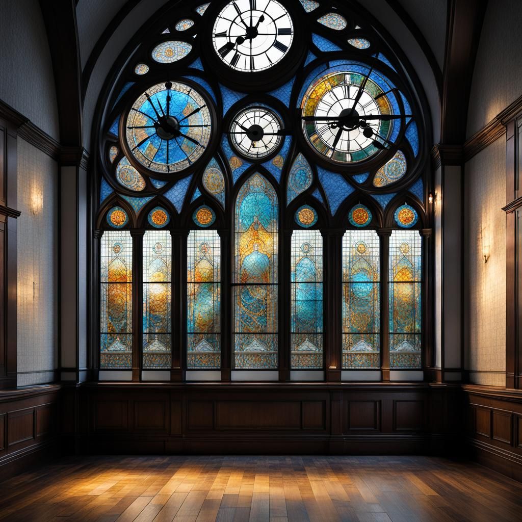 ultra modern clock at the back of  an old room against the w...