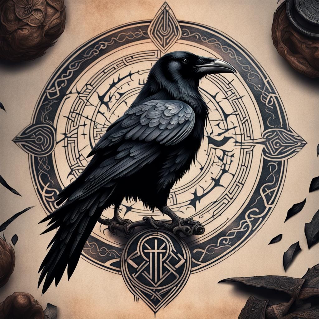 Raven tattoo, viking runes  by @Crannach