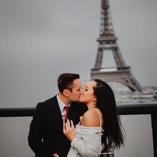 A couple kisses by the Eiffel Tower