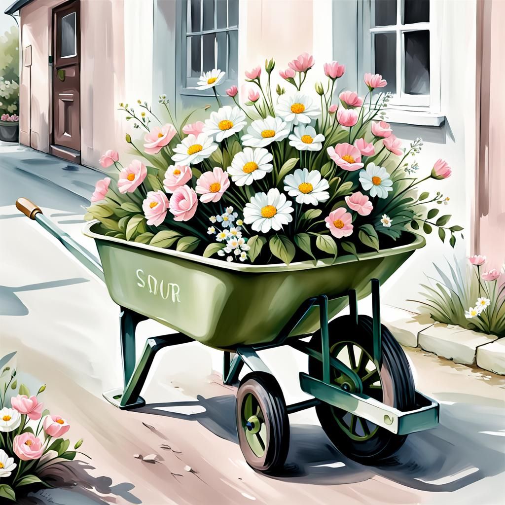 Clean Oil Painted Airbrush illustration, WheelBarrow with Fl...
