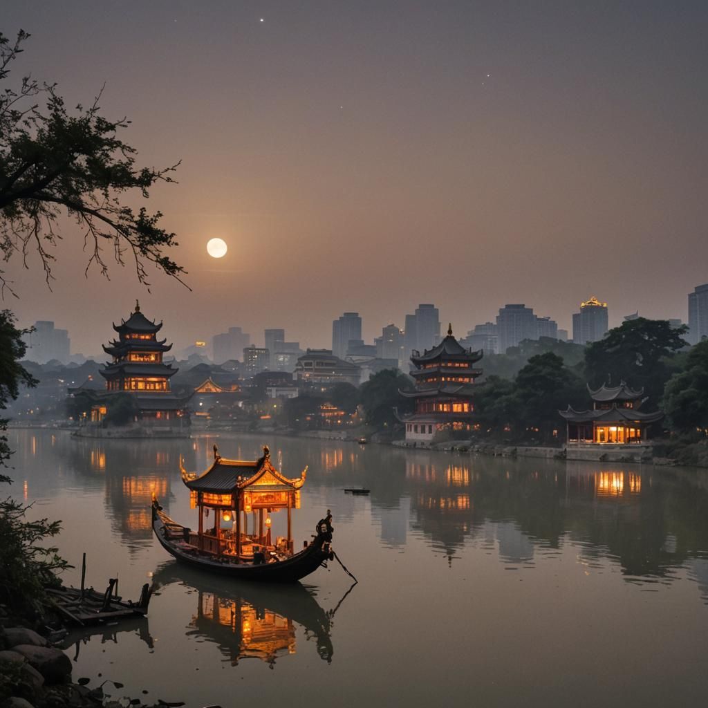 one celestial junk on a river,  near chinese temple, during ...